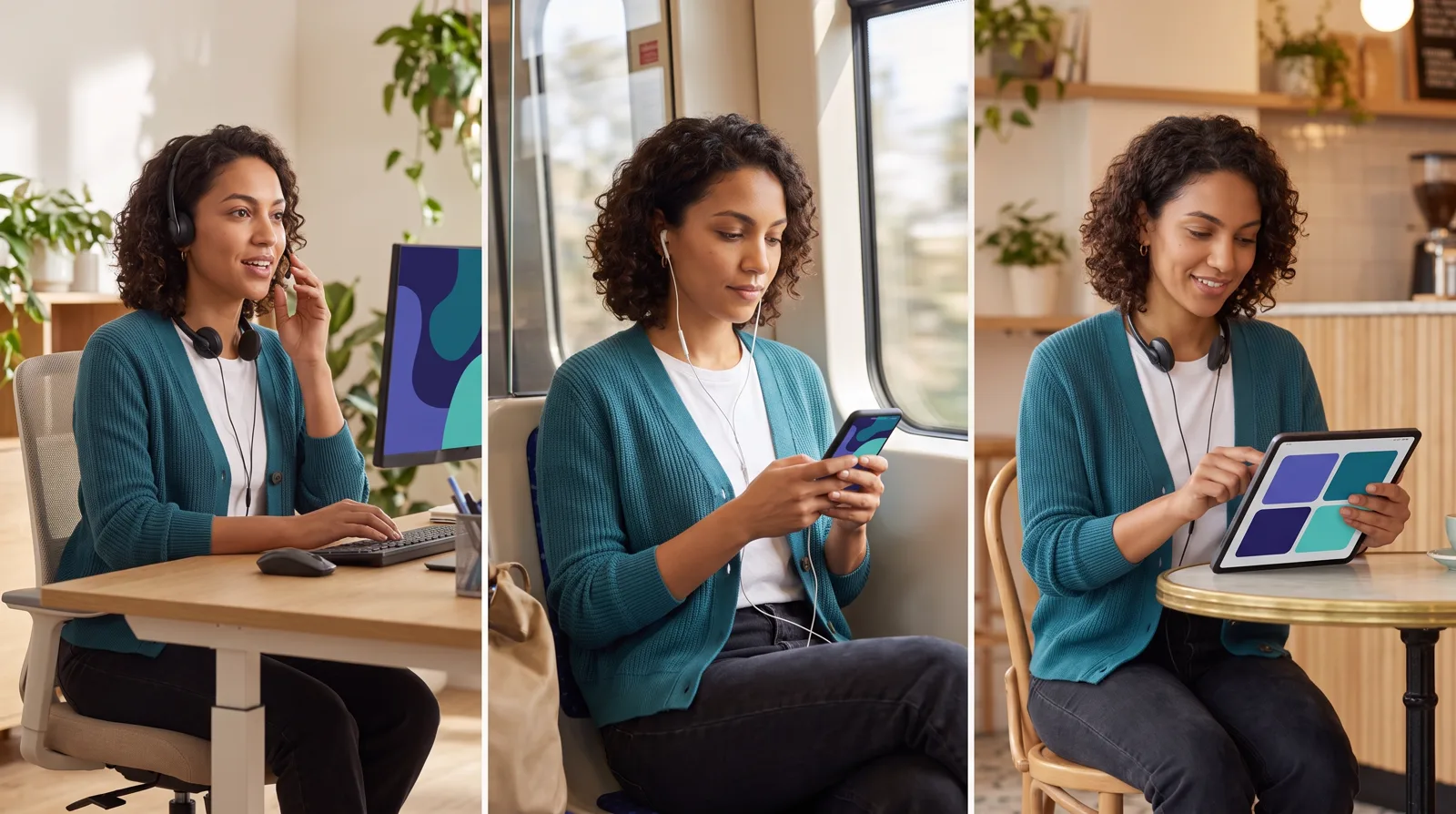 The same trainee answering by voice at her desk, by typing on a train and by tapping an option in a café