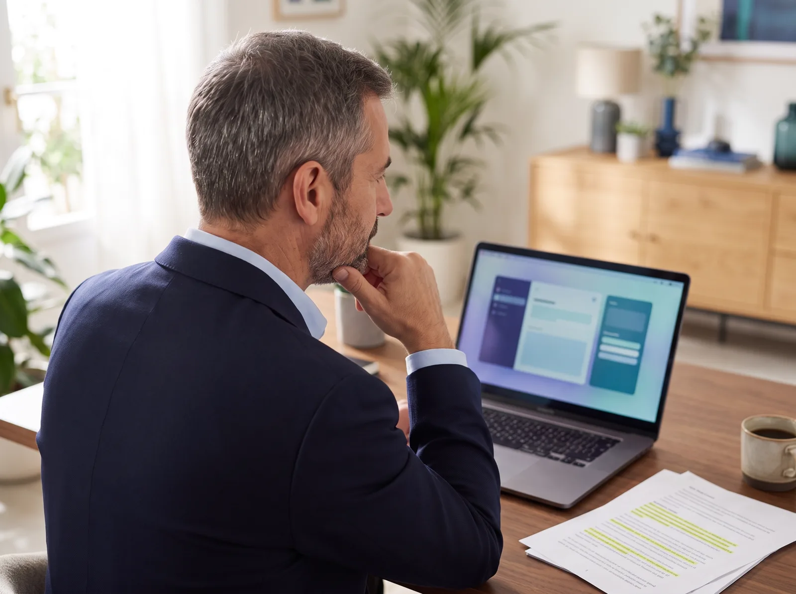 An HR director reviewing an evaluation report on his laptop